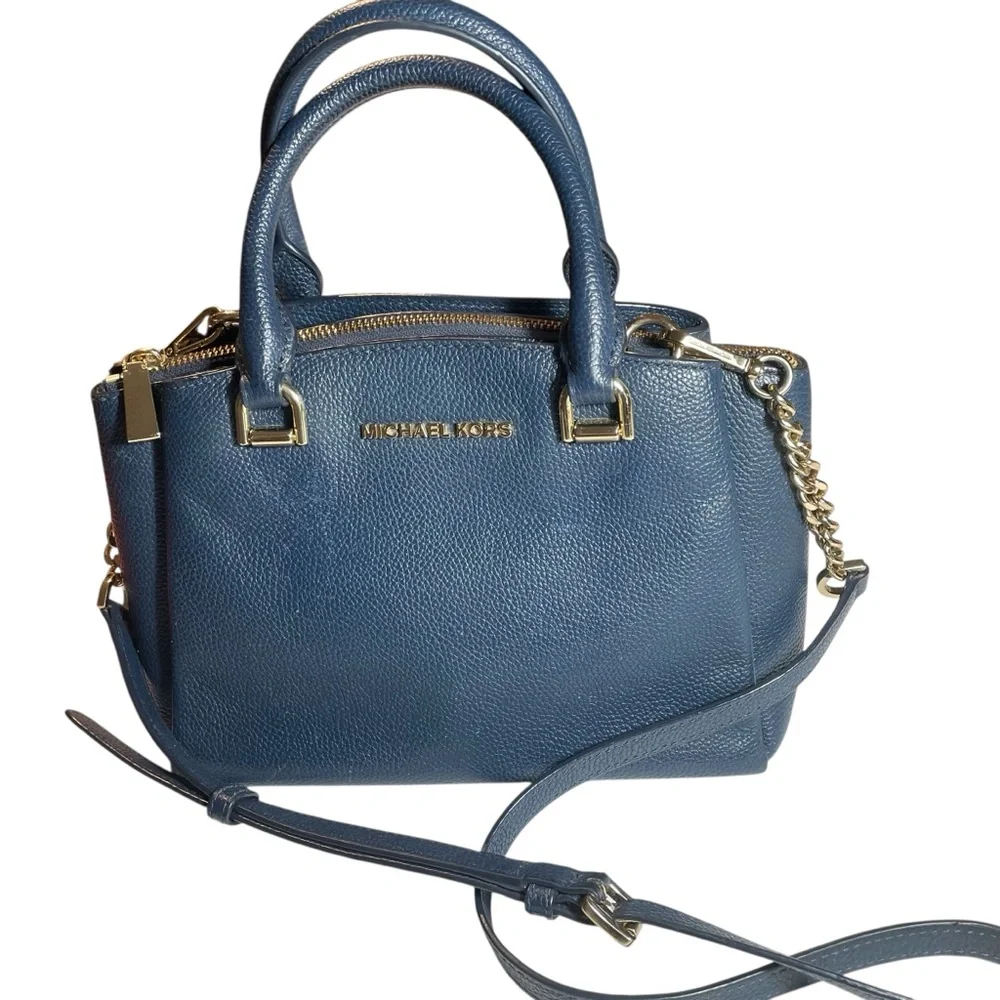 Michael Kors Ellis Navy Pebble Leather Satchel Crossbody Purse Handbag
